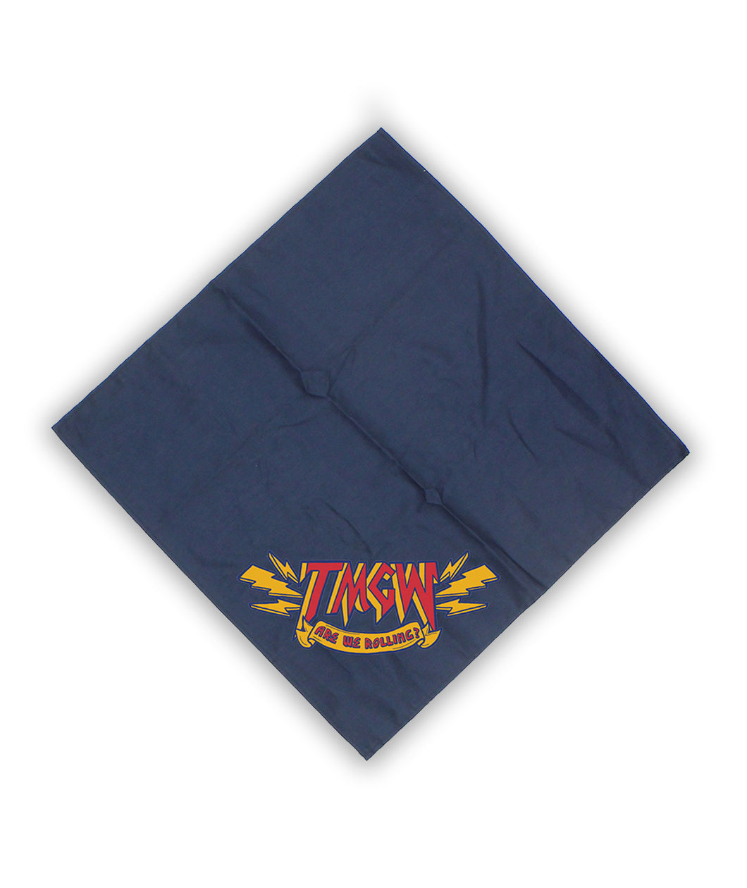 A square, dark blue bandana. In one corner of the bandana is the red text “TMGW” in a yellow outline. Yellow lightning bolts surround the T and W. Below that text is a yellow banner with “Are we rolling?” in red.