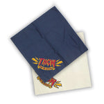 A square, dark blue bandana sits atop a tan bandana. In one corner of each bandana is the red text “TMGW” in a yellow outline. Yellow lightning bolts surround the T and W. Below that text is a yellow banner with “Are we rolling?” in red.