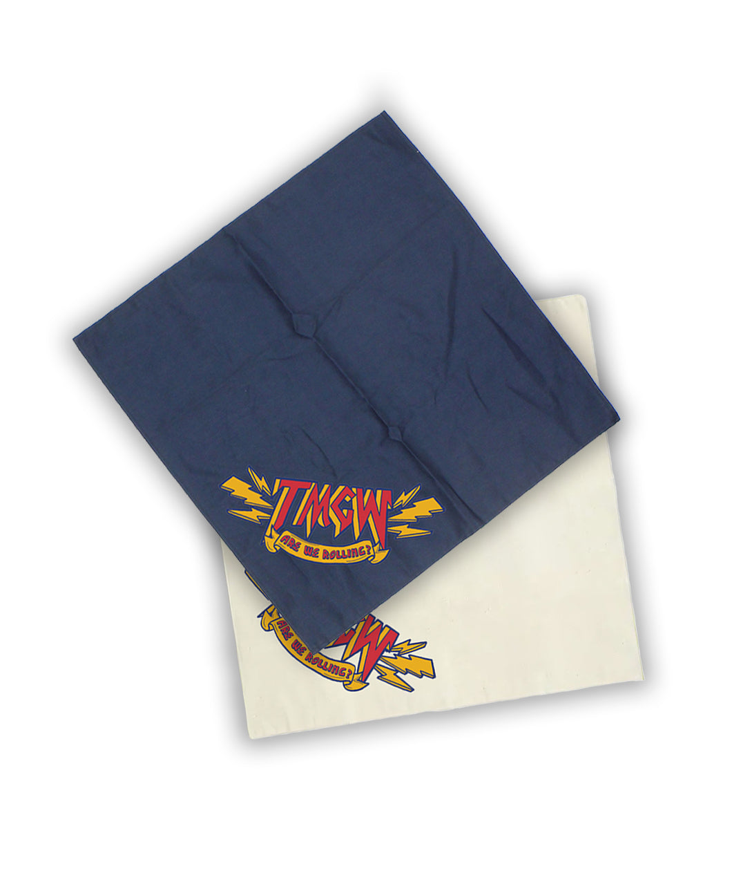 A square, dark blue bandana sits atop a tan bandana. In one corner of each bandana is the red text “TMGW” in a yellow outline. Yellow lightning bolts surround the T and W. Below that text is a yellow banner with “Are we rolling?” in red.