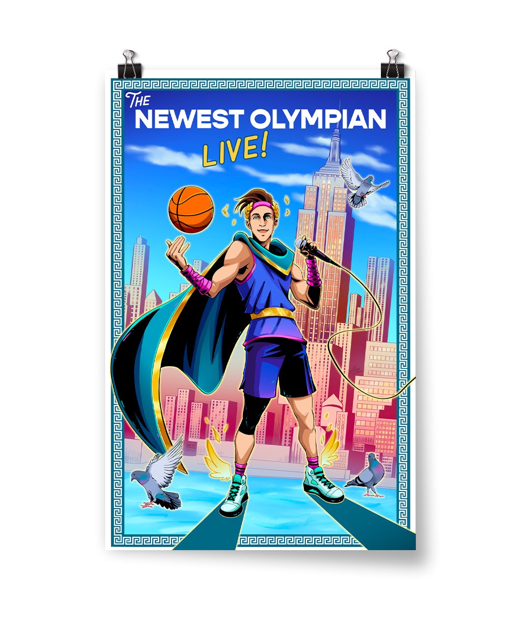An image for the Newest Olympian Live Show showing someone holding a basketball, in front of skyscrapers, with a cape and pigeons flying around.