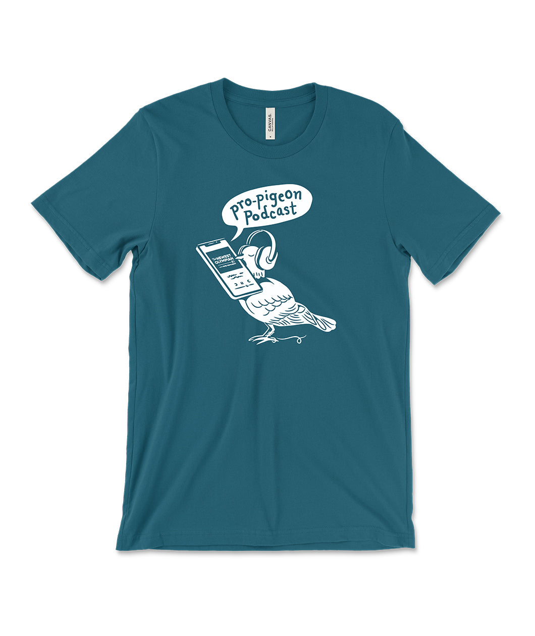 A dark teal t-shirt with a white, illustrated pigeon holding a phone in its mouth, waring headphones with a speech bubble that says "pro-pigeon podcast". From the Newest Olympian.