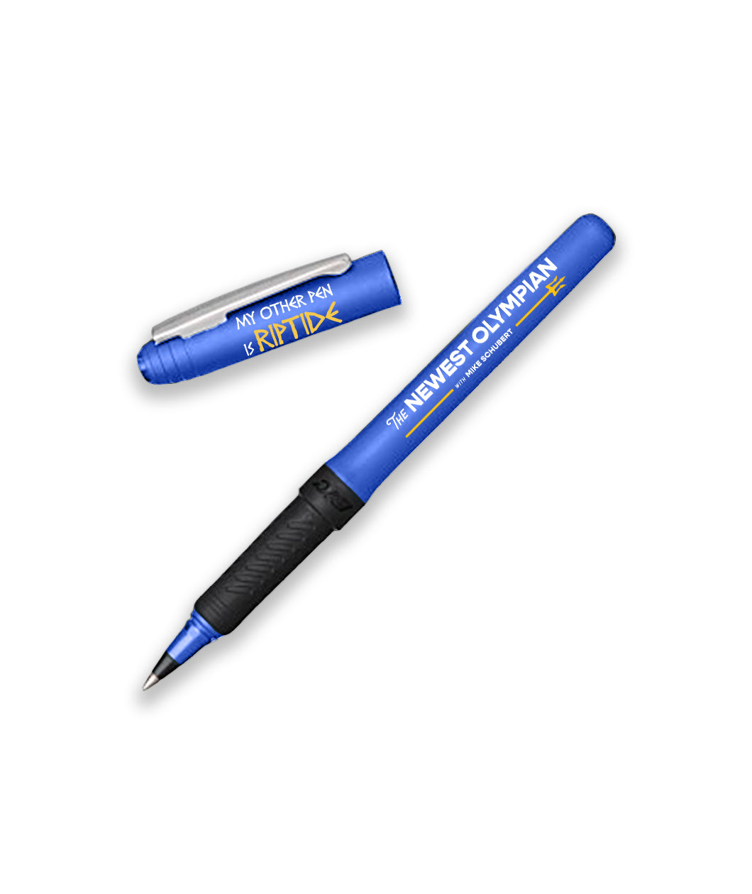 Blue pen with black grip with the lid off. The lid has a silver clip. On the lid, “My Other Pen is” is written in white Greek font. “Riptide” is in yellow Greek font. On the barrel of the pen, “The Newest Olympian” is in white sans serif font. Below, “With Mike Schubert” is in white sans serif font with a trident going through - from the Newest Olympian