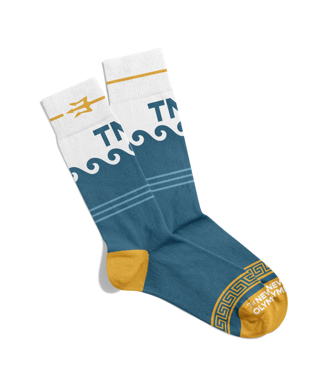 A pair of socks that are mostly blue with breaking waves at the top of the socks. The very top of the socks are white with a yellow trident and the letters 