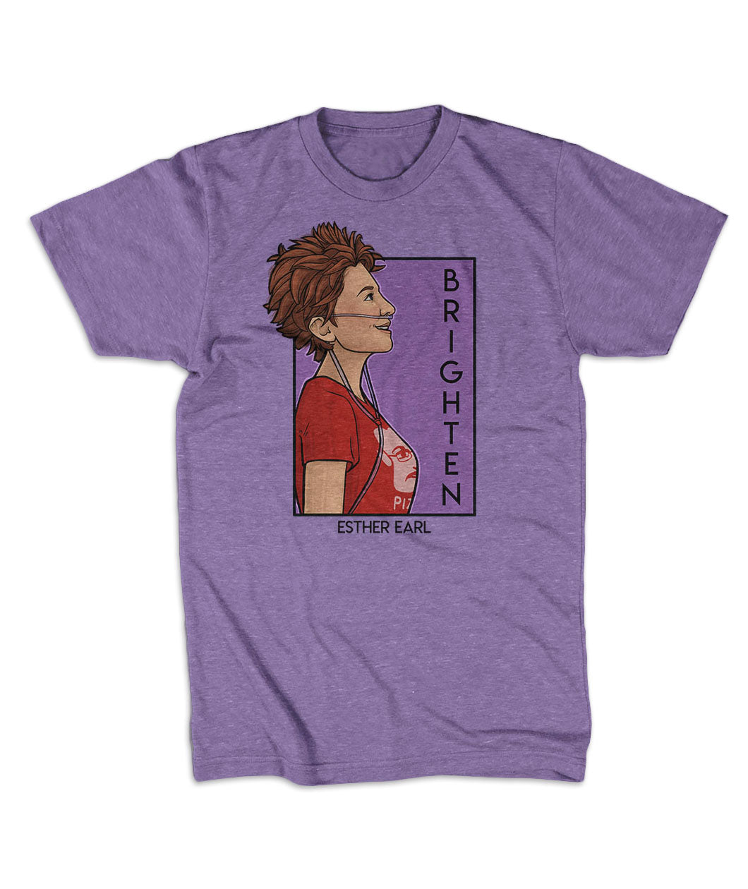 Purple t-shirt with the profile of a Esther Earl wearing a Pizza John shirt, smiling, with oxygen tubes in. Next to the picture is the word 