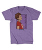Purple t-shirt with the profile of a Esther Earl wearing a Pizza John shirt, smiling, with oxygen tubes in. Next to the picture is the word "Brighten". Art by Karen Hallion from This Star Won't Go Out. 