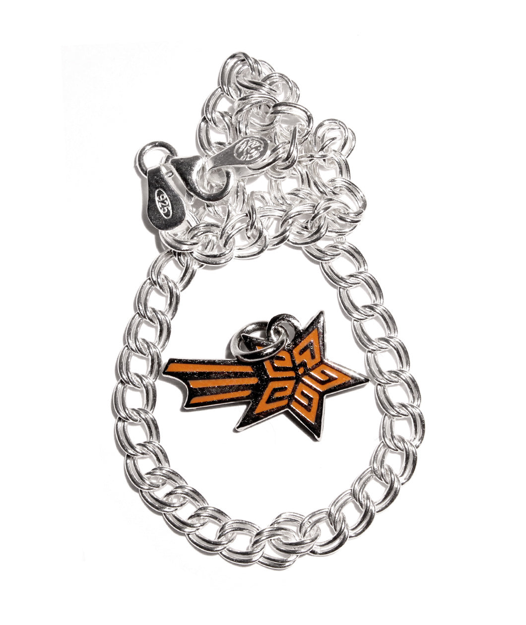 A sterling silver chain bracelet circling around an orange star with three orange lines trailing behind it on a silver backing - from This Star Won’t Go Out.