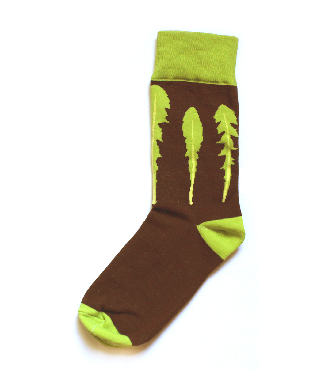 Brown sock with a green ankle, heel, and toe with three green leaves - from This Star Won’t Go Out