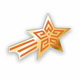 Gold shooting star pin with geometric orange line design inside on each arm inside of the star. On left side of the star, three orange lines trail behind star in gold rectagle. Bottom left of rectagle is cut out in a quarter circle - from This Star Won’t Go Out