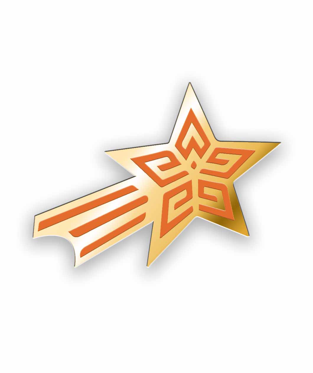 Gold shooting star pin with geometric orange line design inside on each arm inside of the star. On left side of the star, three orange lines trail behind star in gold rectagle. Bottom left of rectagle is cut out in a quarter circle - from This Star Won’t Go Out