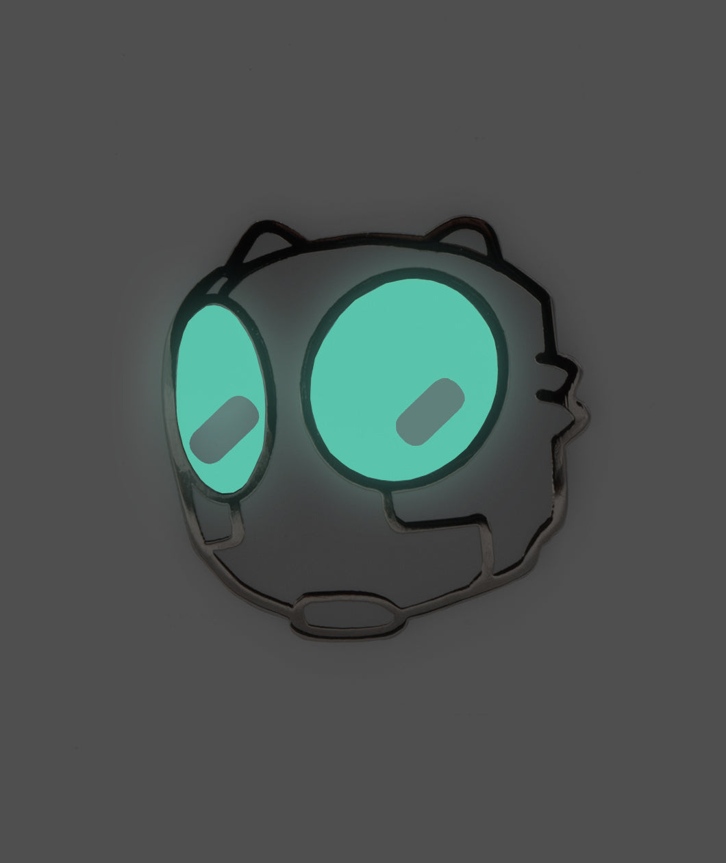 A gray robot hear with a silver outline. Robot head has two pale green eyes showing it glows in the dark - from Tesladyne