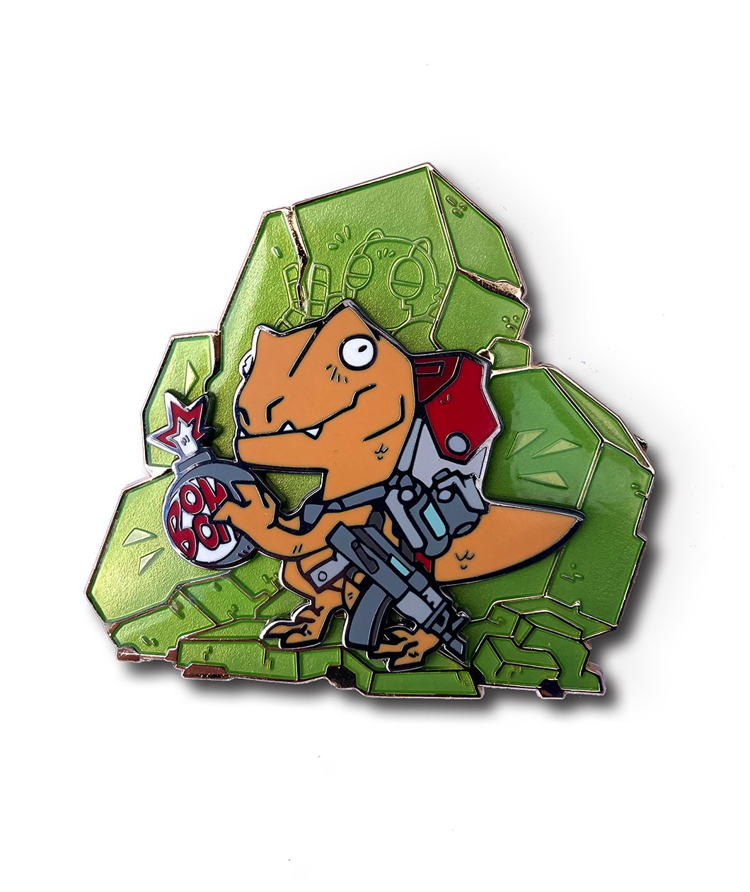 An orange t-rex holding a bomb and has weapons and ammunition strung around its body. T-rex is standing in front of green rock with an outline of a robot in the rock at the top - from Tesladyne
