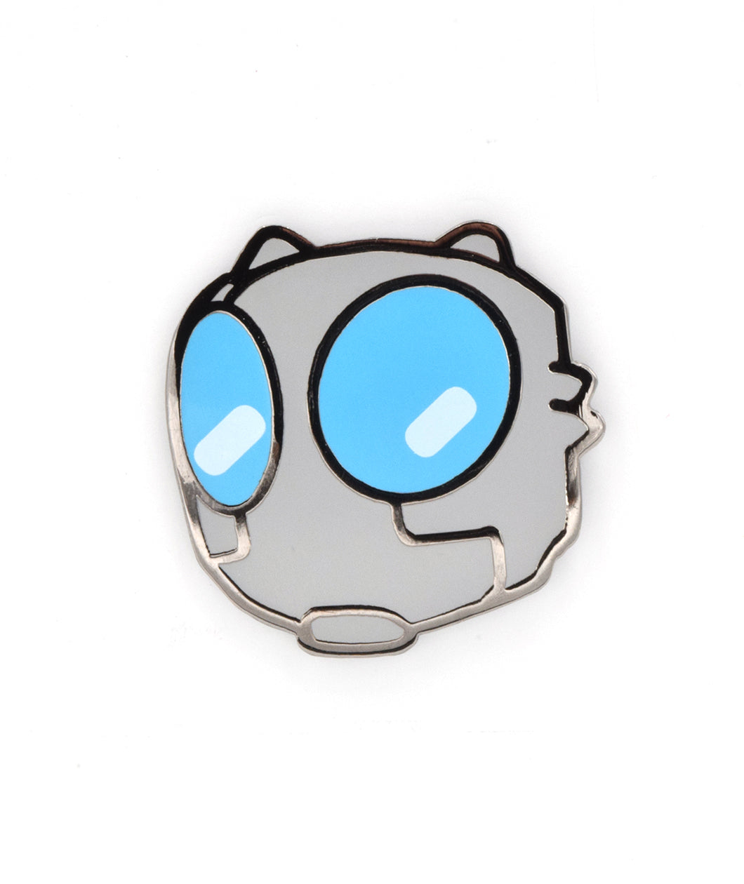 A gray robot hear with a silver outline. Robot head has two big light blue eyes with silver outline and white highlights - from Tesladyne