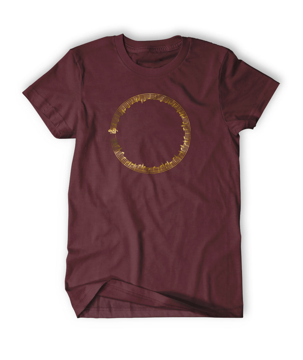 Maroon shirt with a circle of music notes and bars in metallic copper ink in the center of the shirt - from Vi Hart