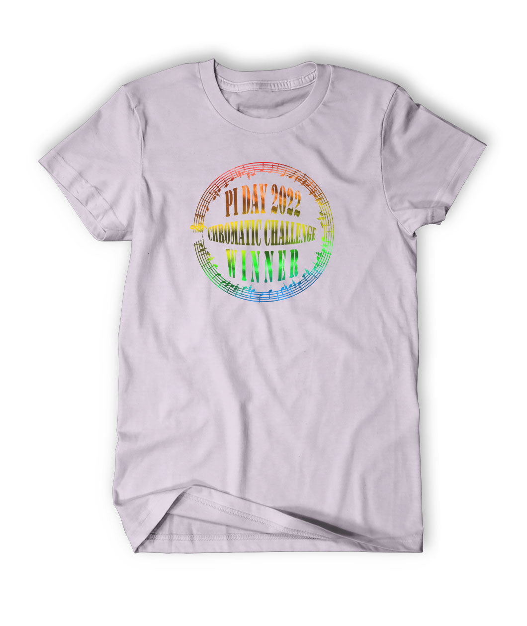 Lavender color shirt with “Pi Day 2022 Chromatic Challenge Winner” written in warped, serif font surrounded by a circle of music notes and bars all colored in  metalic rainbow in center of shirt - from Vi Hart