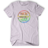 Lavender color shirt with “Pi Day 2022 Chromatic Challenge Winner” written in warped, serif font surrounded by a circle of music notes and bars all colored in  metalic rainbow in center of shirt - from Vi Hart