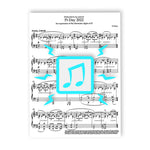 Teal square with a music note in the center and six energy bolts surrounding the square on top of Pi Day 2022 sheet music - from Vi Hart