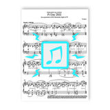 Teal square with a music note in the center and six energy bolts surrounding the square on top of Pi Day 2022 sheet music - from Vi Hart
