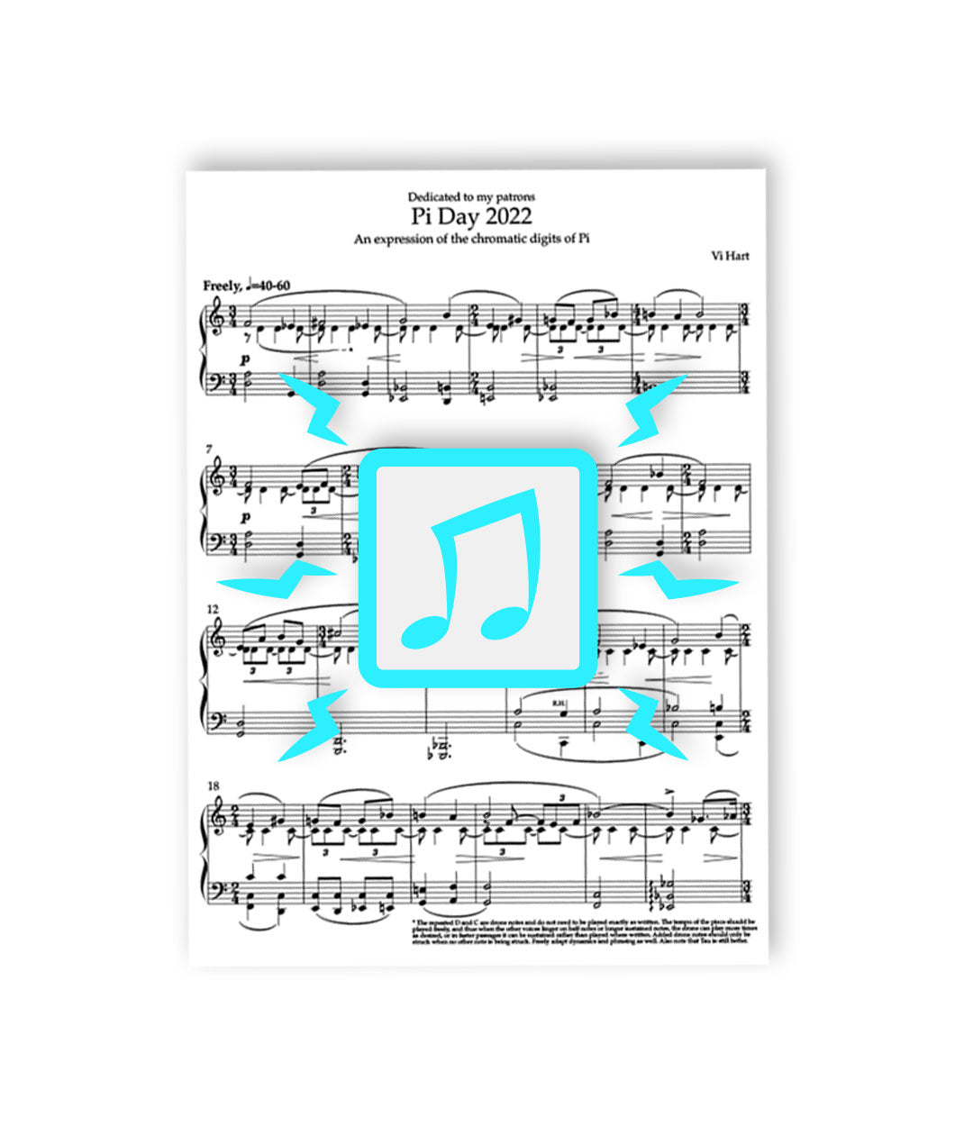 Teal square with a music note in the center and six energy bolts surrounding the square on top of Pi Day 2022 sheet music - from Vi Hart