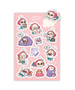 A rectangular sheet of 13 cartoony stickers on a light pink background. The stickers show a young pink-haired child in various poses and expressions. By What's Up Beanie.