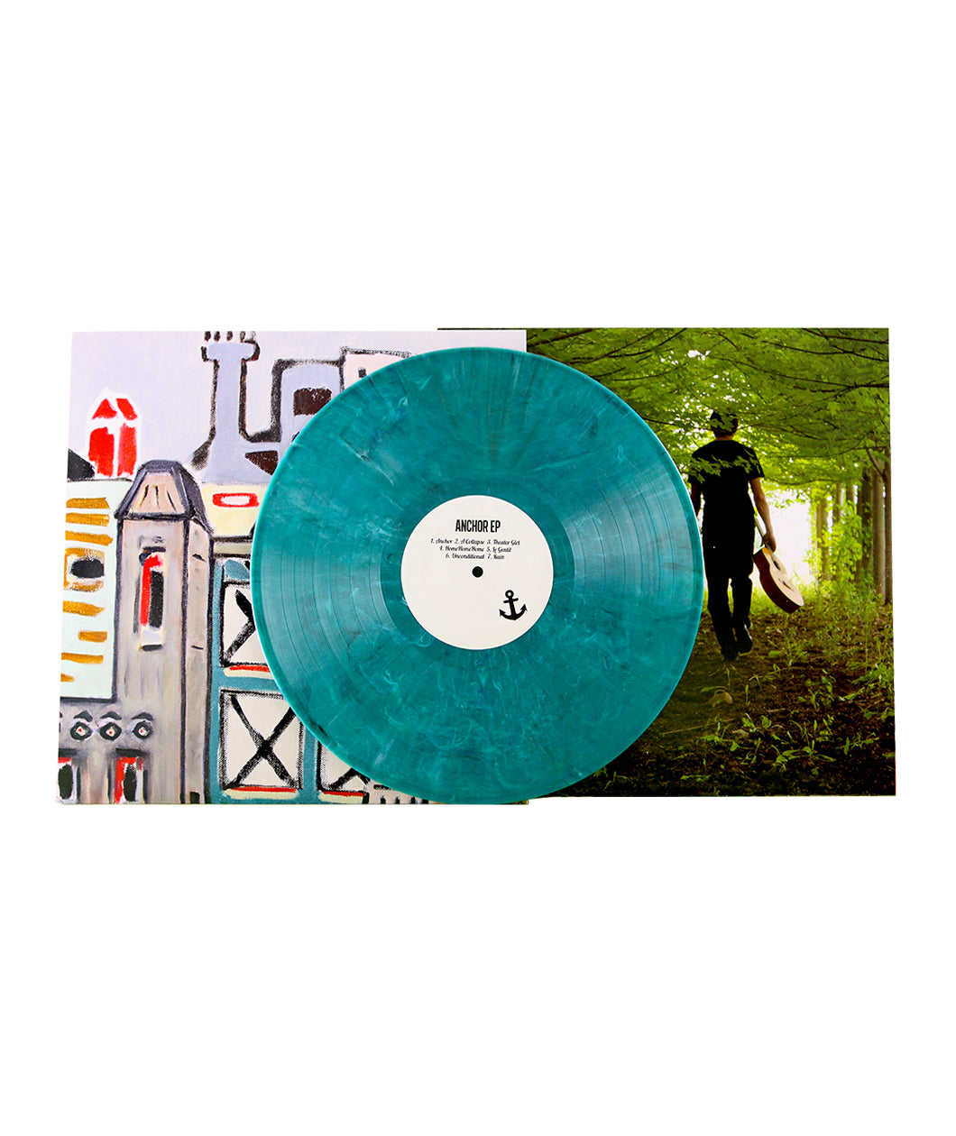 A teal vinyl in the middle reading "Anchor EP". On the right side of the vinyl is an image of a man walking in a forest holding a guitar in one hand. On the other side is an image of drawn, colorful buildings. From Rob Scallon.
