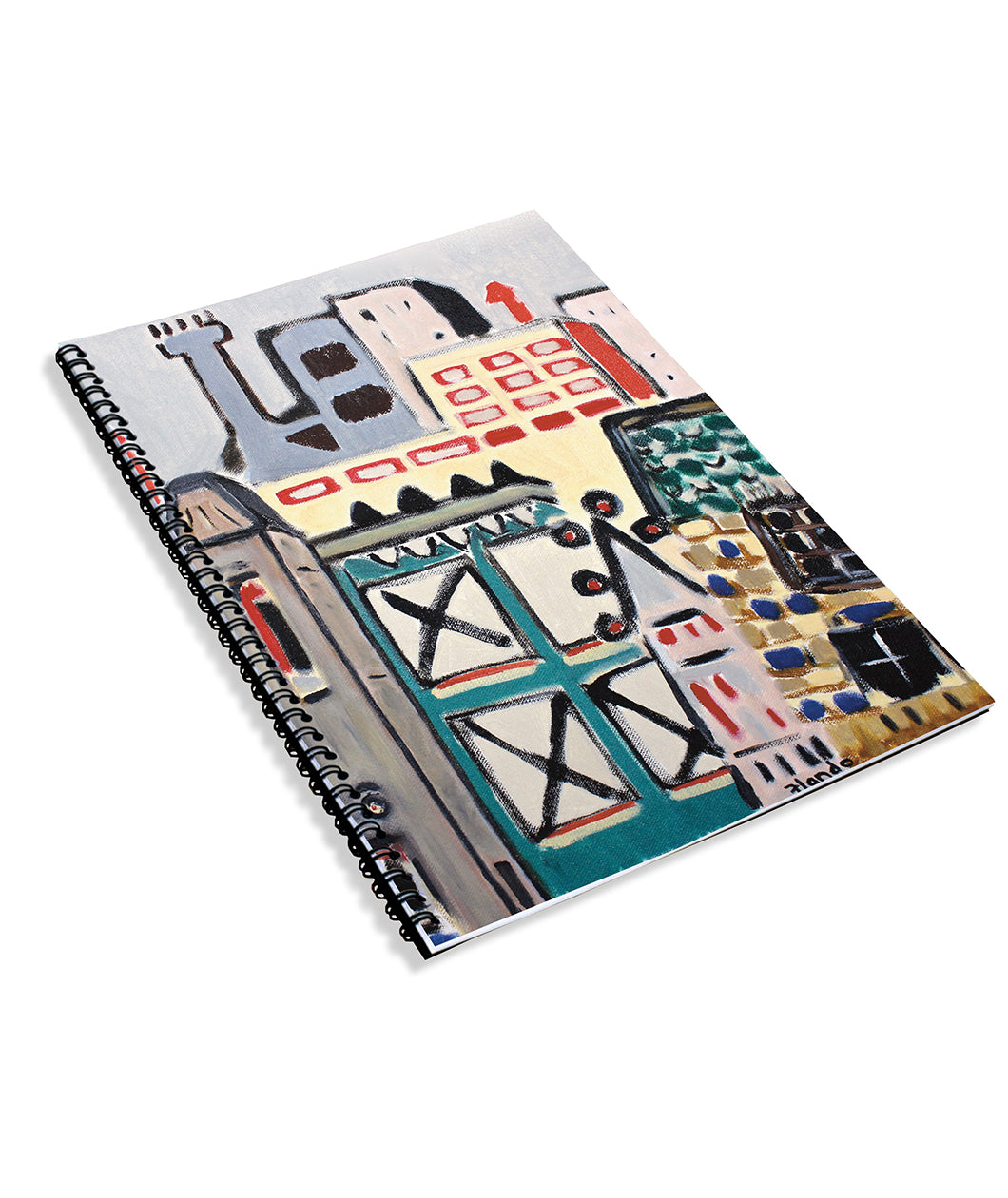 A spiral bound notebook with drawn, colorful buildings on the cover. From Rob Scallon.