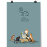 A dark mint background sketch of monkey with spiral tail is above “Animal Wonders INC” with each word in all caps, sans serif font, and varying sizes in top center. INC is on its side at end of the word wonders. At the bottom, Jessie is smiling and holding a book, reading to cavy, porcupine, mouse, mackaw, hedgehog, fox, snake, turle, and beetle - from Animal Wonders