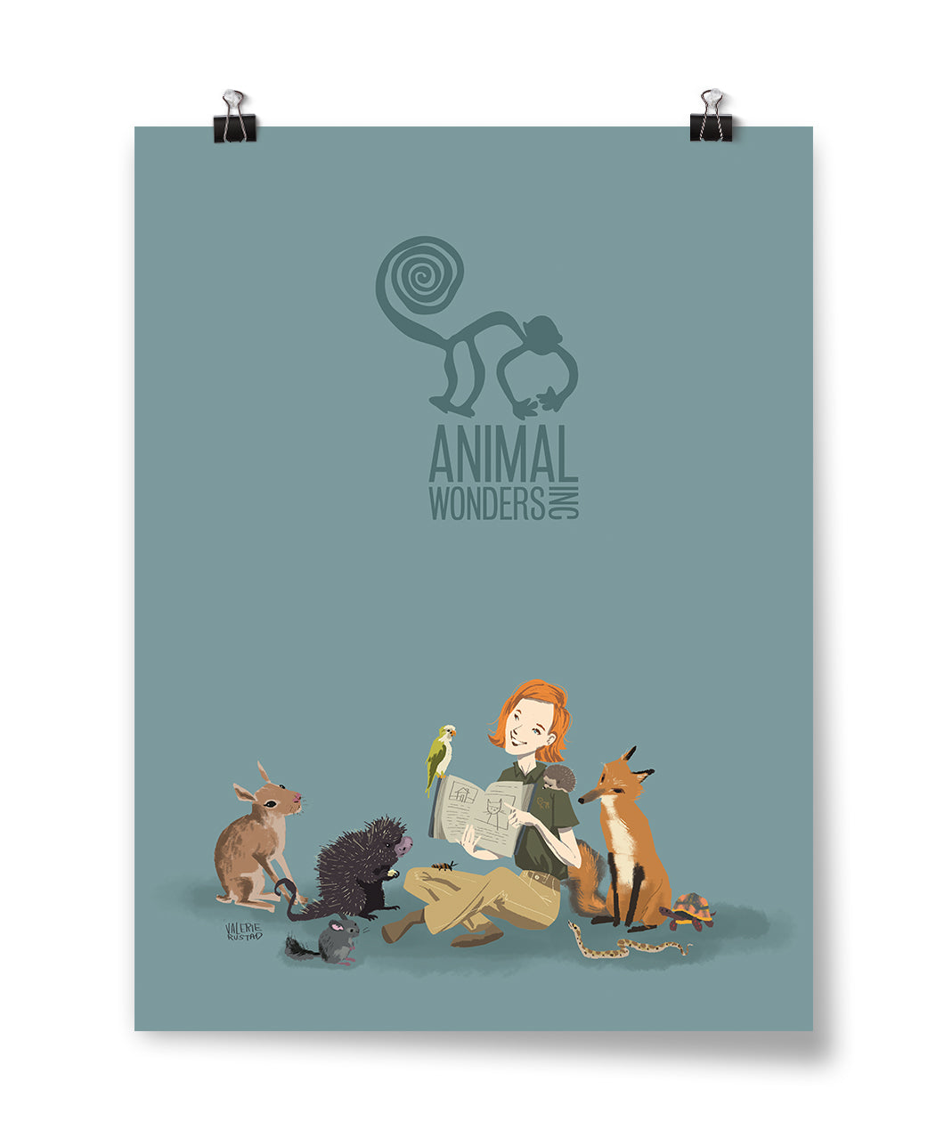 A dark mint background sketch of monkey with spiral tail is above “Animal Wonders INC” with each word in all caps, sans serif font, and varying sizes in top center. INC is on its side at end of the word wonders. At the bottom, Jessie is smiling and holding a book, reading to cavy, porcupine, mouse, mackaw, hedgehog, fox, snake, turle, and beetle - from Animal Wonders