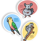 Set of three different animal stickers. First is of cartoon drawing of gray mouse on red background. Second is of a cartoon drawing of a yellow, green, red, and grey mackaw standing on brown post on blue background. Third is a cartoon drawing of grey porcupine holding banana standing on branch with leaf attached. “Animal Wonders” is on each sticker in sans serif font in color correspodning to background - from Animal Wonders.