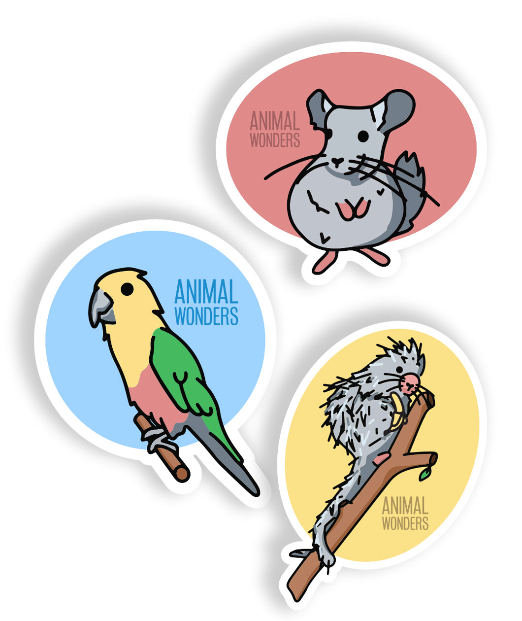 Set of three different animal stickers. First is of cartoon drawing of gray mouse on red background. Second is of a cartoon drawing of a yellow, green, red, and grey mackaw standing on brown post on blue background. Third is a cartoon drawing of grey porcupine holding banana standing on branch with leaf attached. “Animal Wonders” is on each sticker in sans serif font in color correspodning to background - from Animal Wonders.