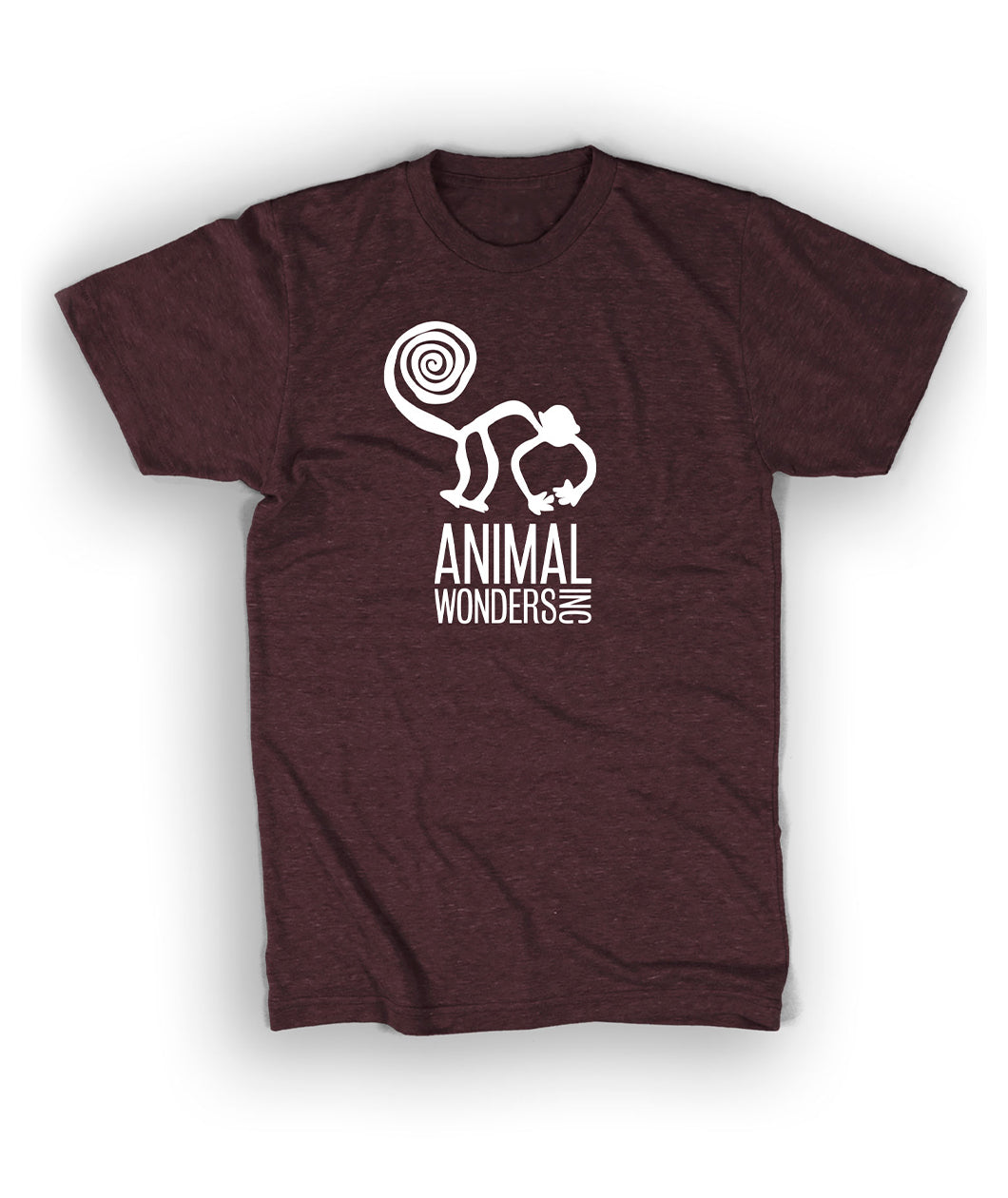 Dark maroon shirt with Animal Wonders in center of shirt in white. Logo is of cartoon silhouette drawing of monkey with spiral tail is above “Animal Wonders INC” with each word all caps, sans serif font, and varying sizes. INC is on its side at end of the word Wonders, both are below “Animal