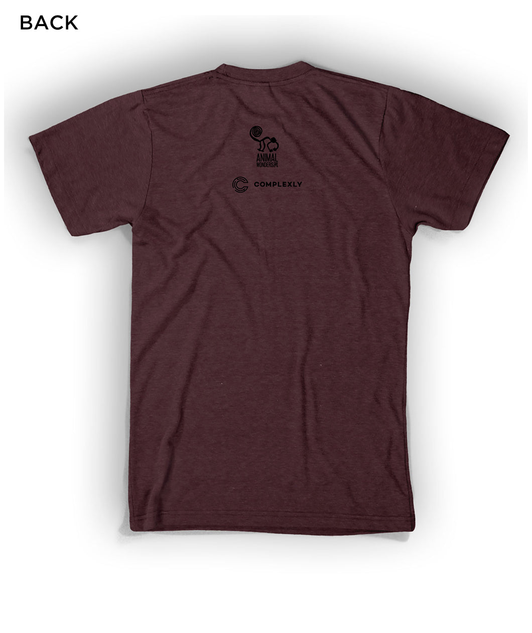 Back of dark maroon shirt with Animal Wonders underneath collar in black. Logo is of cartoon silhouette drawing of monkey with spiral tail is above “Animal Wonders INC” with each word all caps, sans serif font, and varying sizes. INC is on its side at end of the word Wonders, both are below “Animal.” “Complexly” is below in sans serif black font with a “C” to the left with maze design inside - from Animal Wonders
