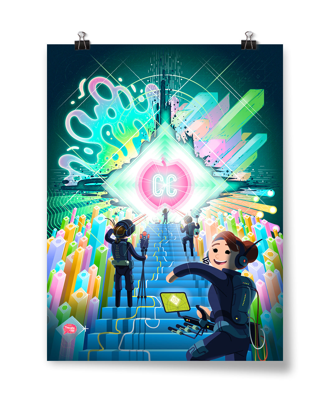 A drawing of figures in black VR suits on a stairway that leads to a an explosion of light and color with a "CC" in the center - by CrashCourse