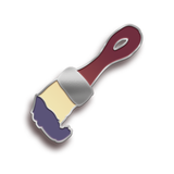 A pin that looks like a drawing of a paintbrush with a red handle dipped in blue paint - by Ariel Bissett