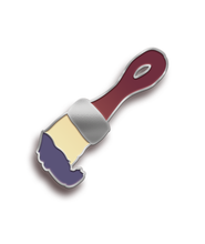 A pin that looks like a drawing of a paintbrush with a red handle dipped in blue paint - by Ariel Bissett