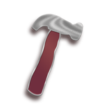 A pin that looks like a drawing of a silver hammer with a red handle - by Ariel Bissett