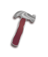 A pin that looks like a drawing of a silver hammer with a red handle - by Ariel Bissett
