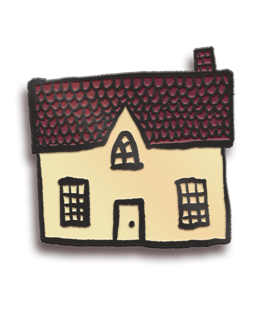 A pin that looks like a drawing of a yellow house with a red shingled roof and black outline of doors and windows - by Ariel Bissett