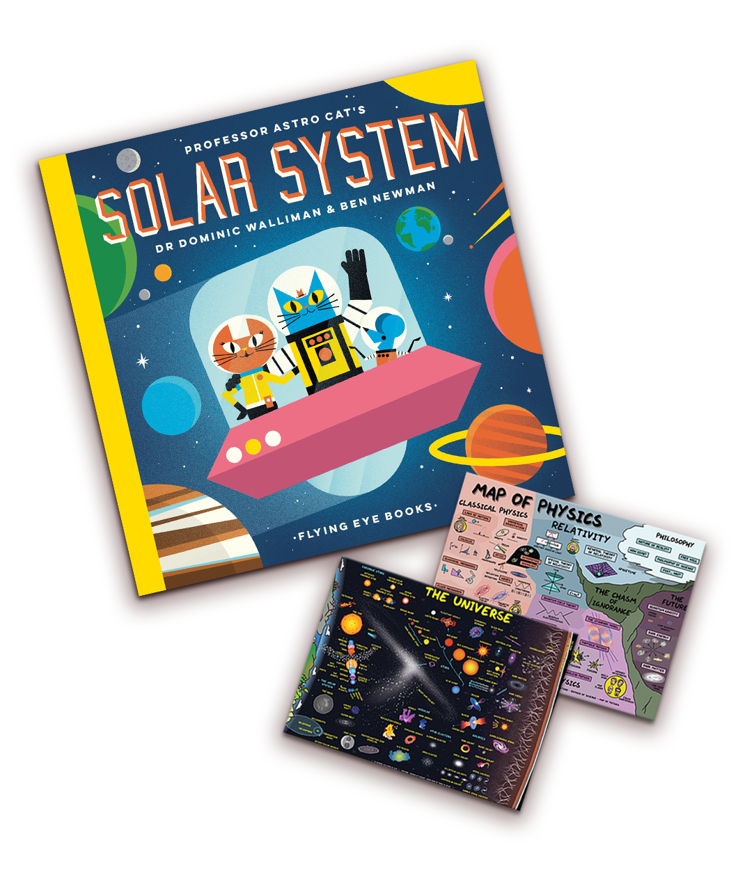 A book with a drawing of 2 cats and a mouse in a space ship on the cover alongside two postcards - by Domain of Science