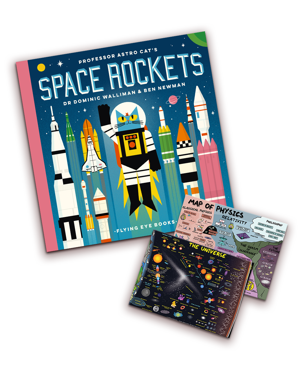 A book with a cat and a bunch of rockets on the cover alongside 2 postcards - by Domain of Science