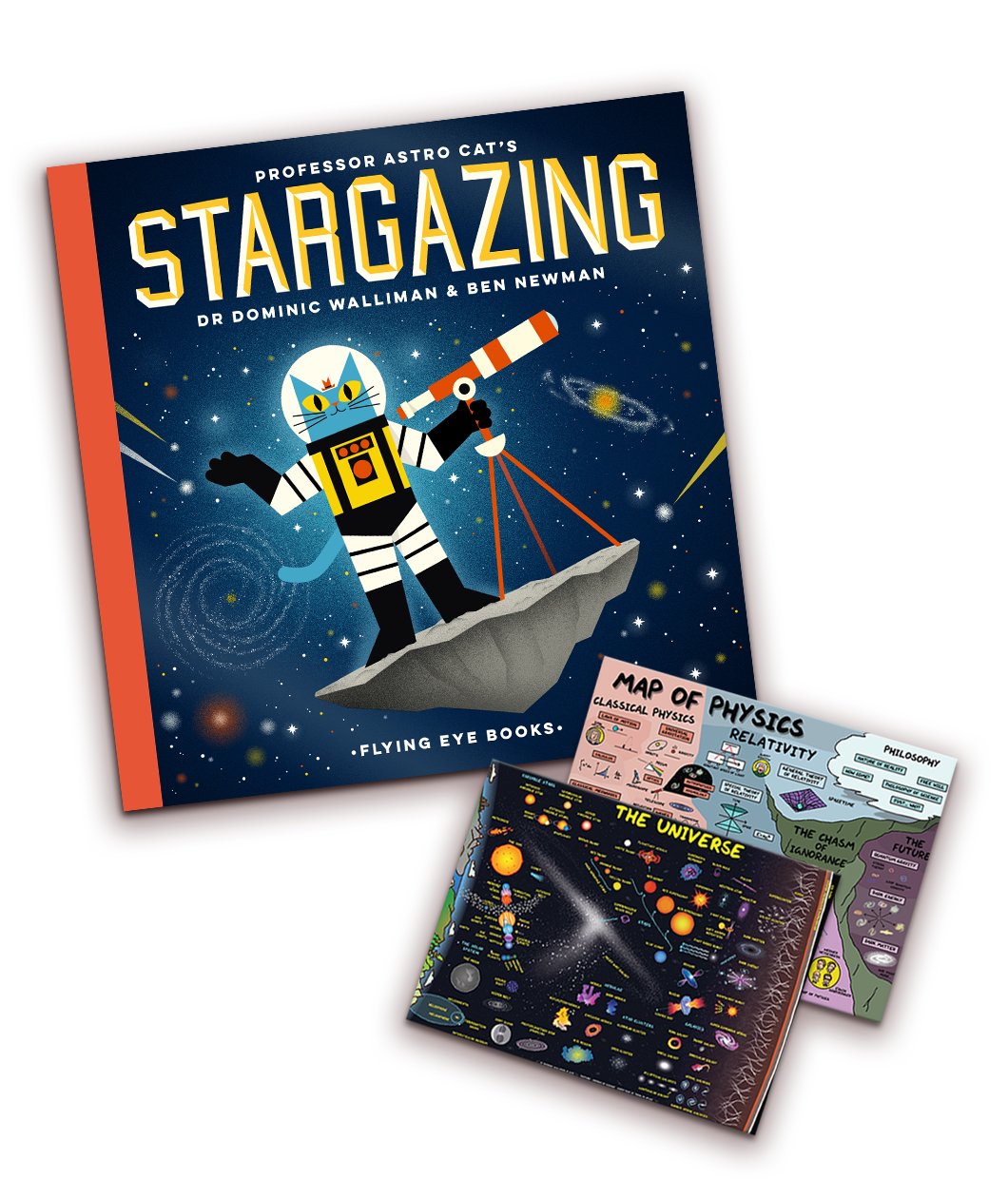 A book with a drawing of a cat and a telescope floating on a rock in space as well as 2 postcards. - by Domain of Science 