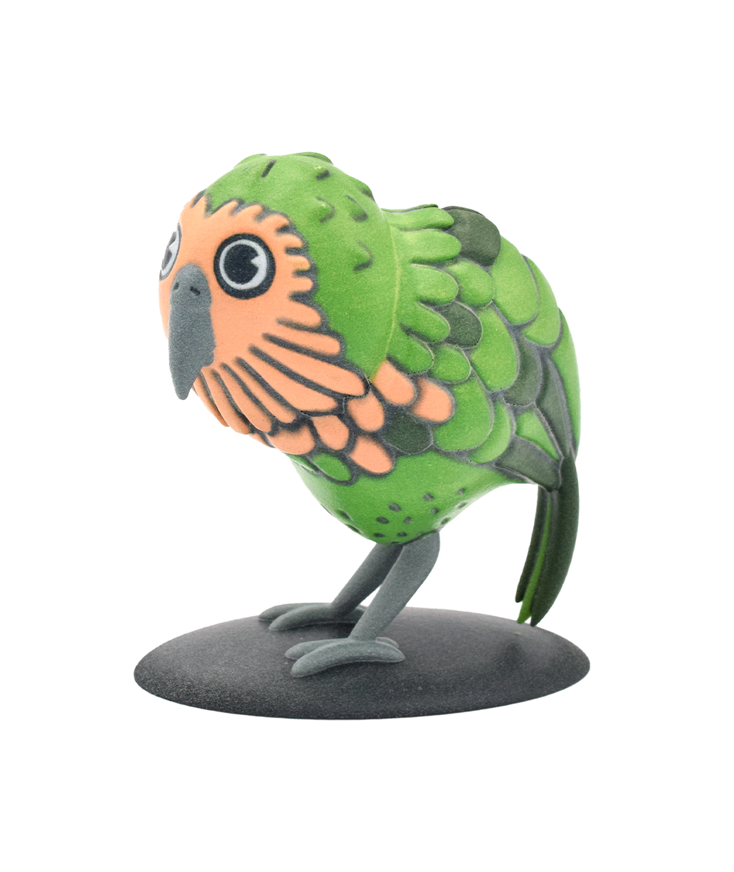 A 3d printed kakapo with a tan face, gray beak, with green and dark green feathers, dark gray legs, standing on a black disc base - from Bizarre Beasts