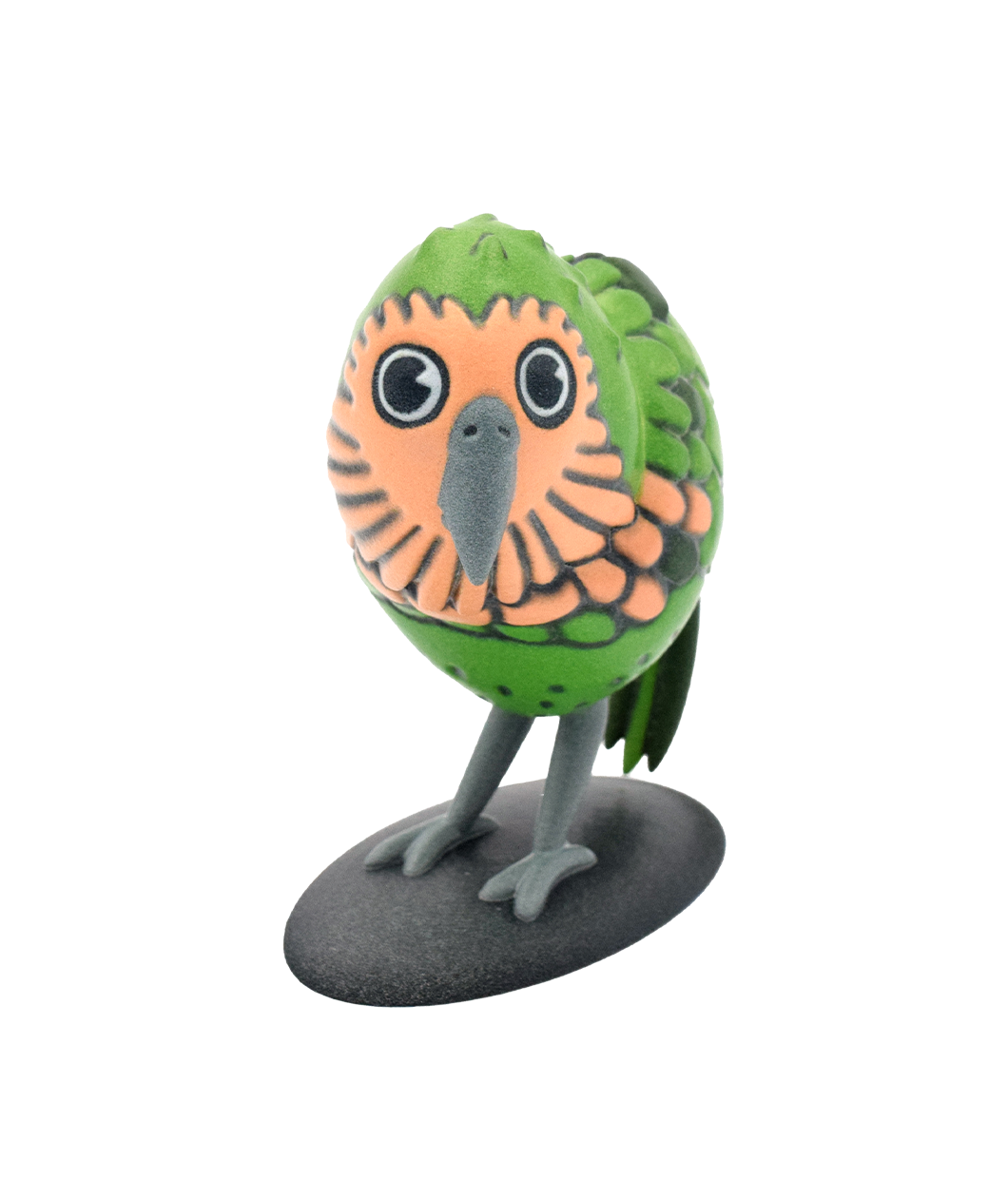 A 3d printed kakapo with a tan face, gray beak, with green and dark green feathers, dark gray legs, standing on a black disc base - from Bizarre Beasts