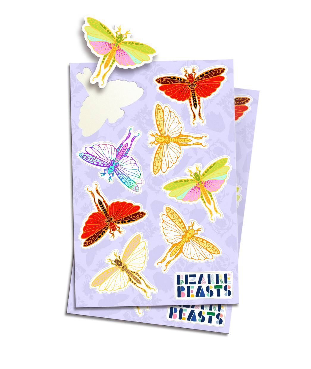 Five different designs of a drawing of a locust. Stickers are on a sheet with a lavender background with different bizarre beasts designs in silhouette. “Bizarre Beasts” is in the bottom right corner, each letter formed out of geometric shapes in varying colors - from Bizarre Beasts 