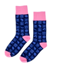 Navy blue sock with pink ankle, heal, and toe. Light blue silhouettes of various past bizarre beasts designs are on a repeating column pattern over the whole sock - from Bizarre Beasts