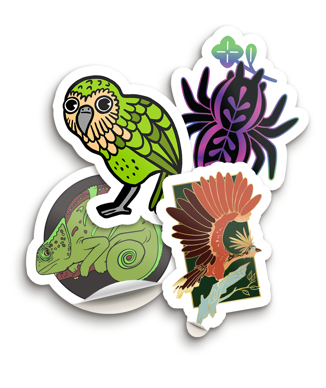 A set of four stickers of different cartoon drawn bizarre beasts - a green kakapo with a tan face and green body, a reflective spider holding a leaf, a green chameleon against a black background, and a red and brown hoatzin against a dark green background on a blue branch - from Bizarre Beasts
