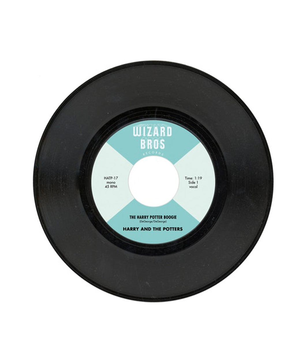 A black 45 record with a blue label that reads 