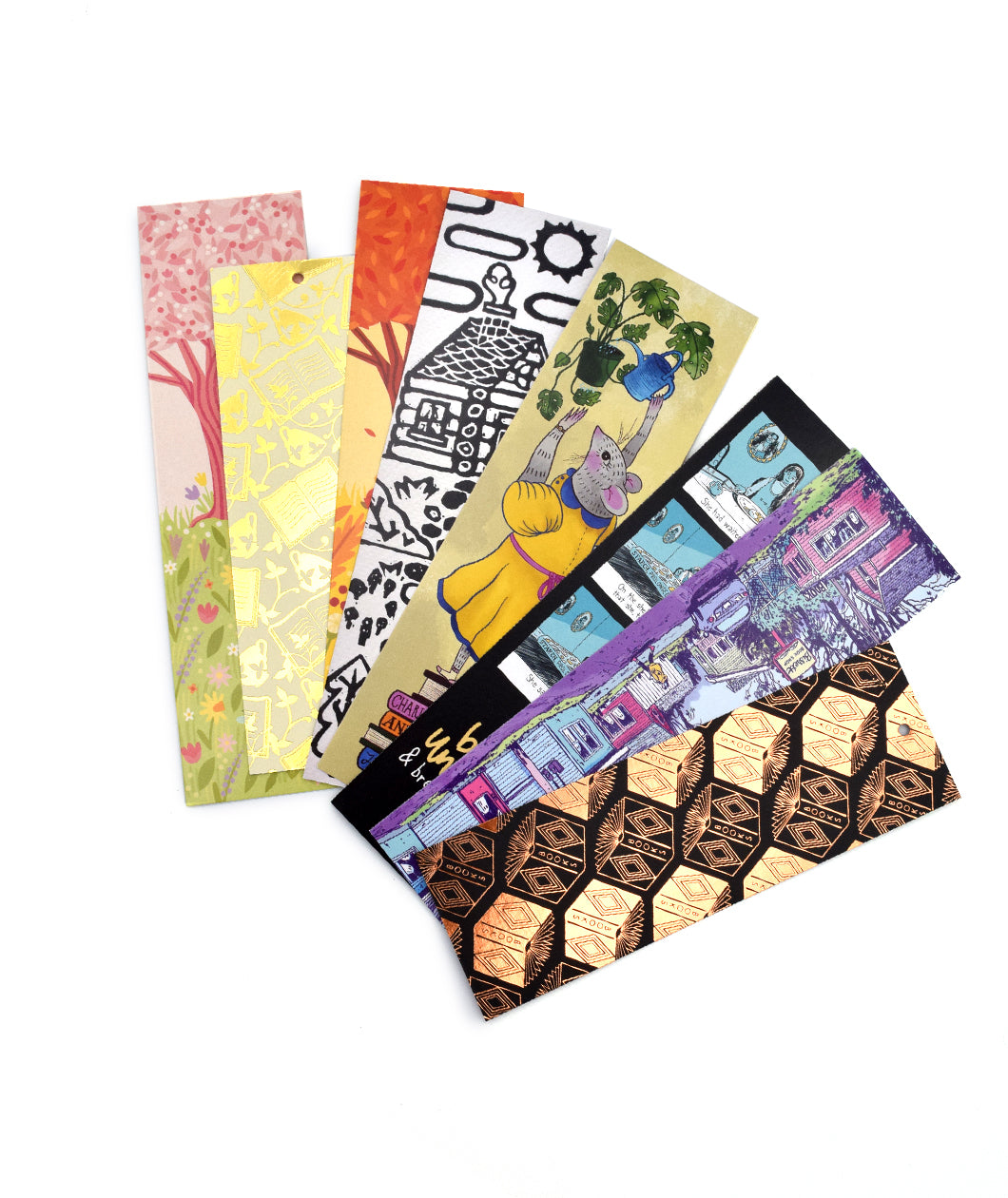 A fan of 8 different illustrated, colorful bookmarks from the Books Unbound subscription. 