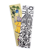 Two bookmarks, one black and white, one colorful showing a house and a rabbit watering plants. 