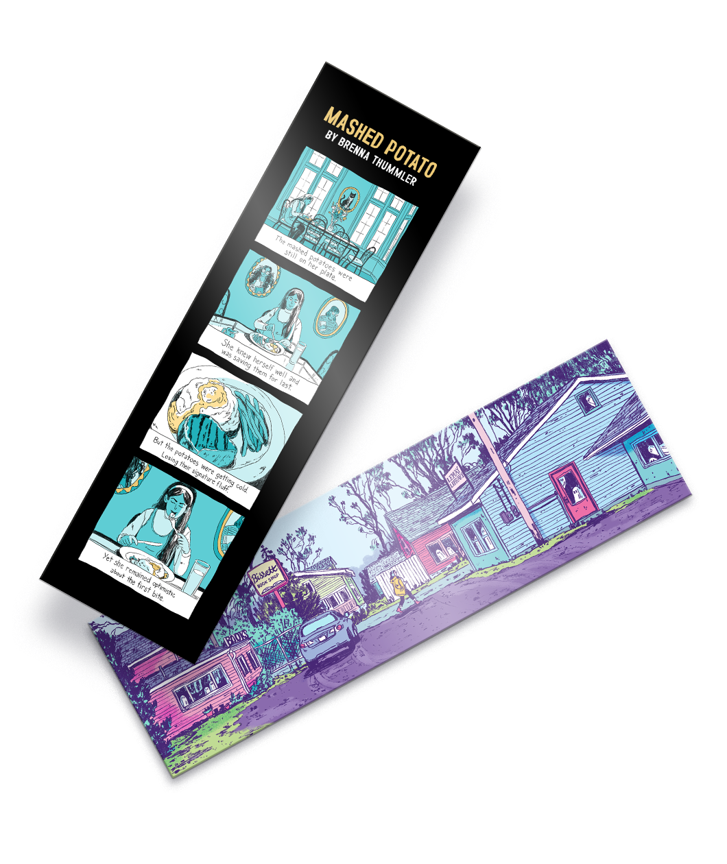 Two bookmarks, one with a blue tone comic strip design with a black background, and the other with a drawing of a girl walking through a neighborhood - by Books Unbound.
