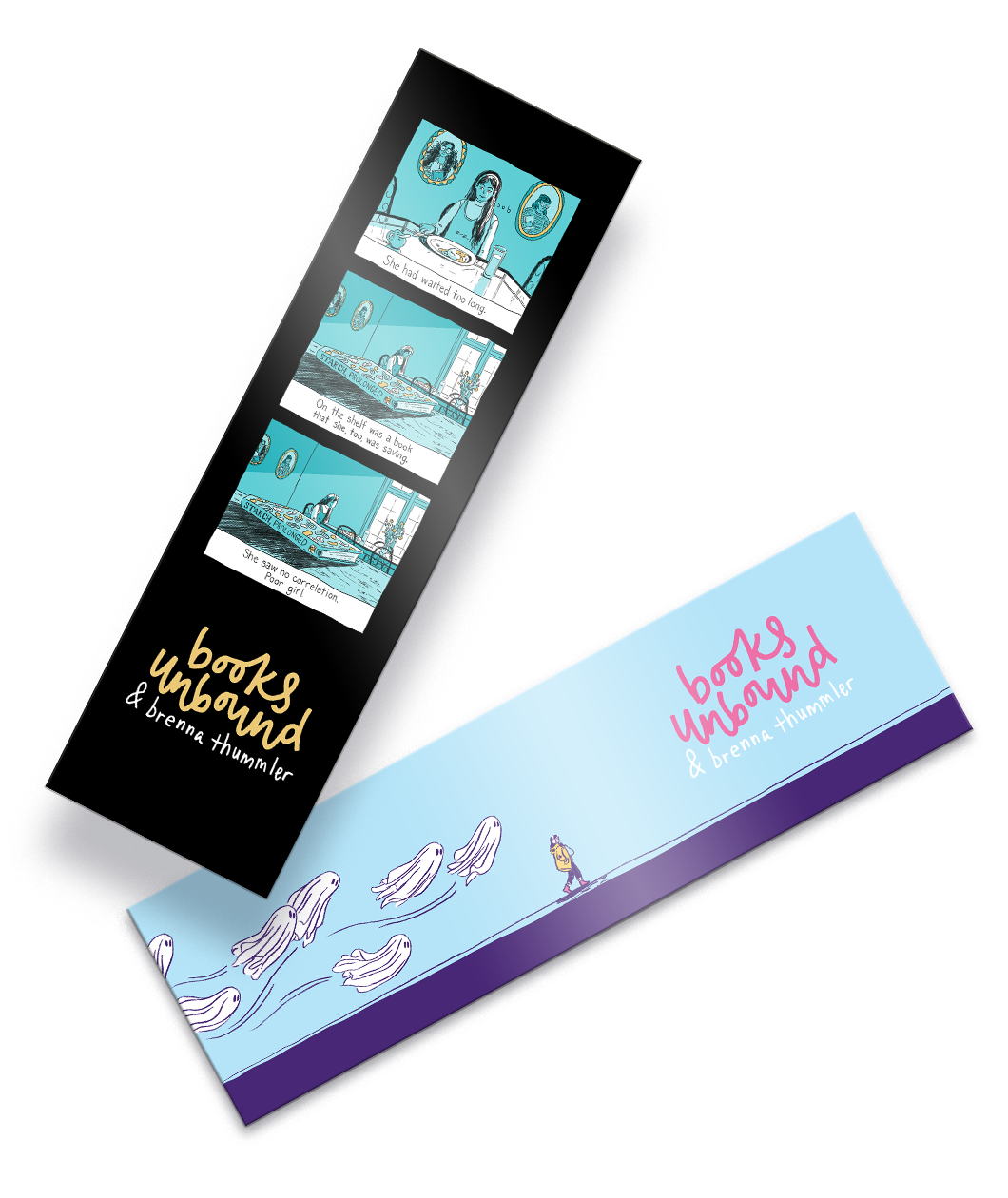 Two bookmarks, one with a blue tone comic strip design with a black background, and the other with a drawing of a girl being followed by ghosts against a light blue background - by Books Unbound.